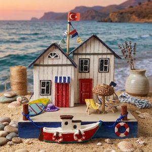 A handcrafted artistic miniature scene on a sandy beach base, featuring wooden beach houses with a waving Turkish flag, a small boat, miniature sun loungers, and real seashells.