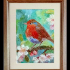 Framed handcrafted needle felted Robin bird wool painting by misstulihandmade