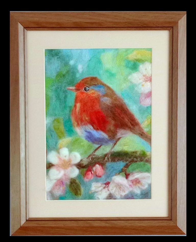 Framed handcrafted needle felted Robin bird wool painting by misstulihandmade